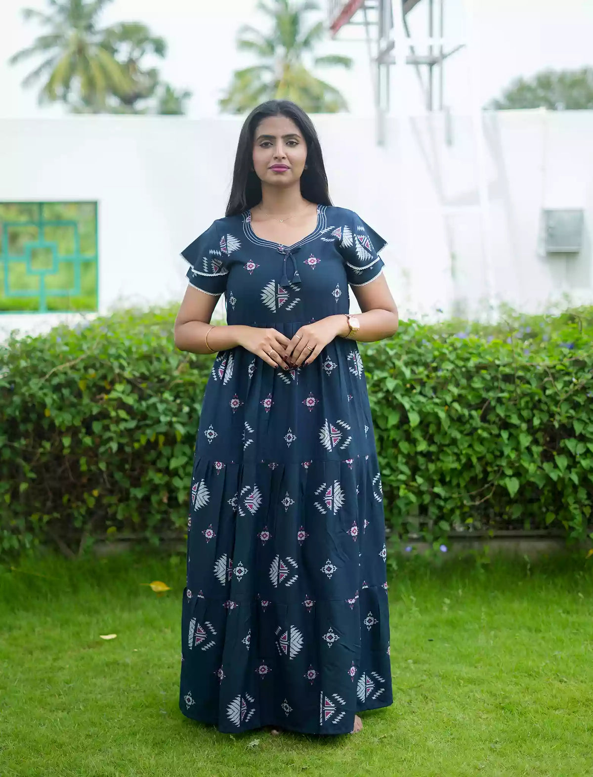 Alpine Geometric Print 3 Layer Frock - Mangai Nighties