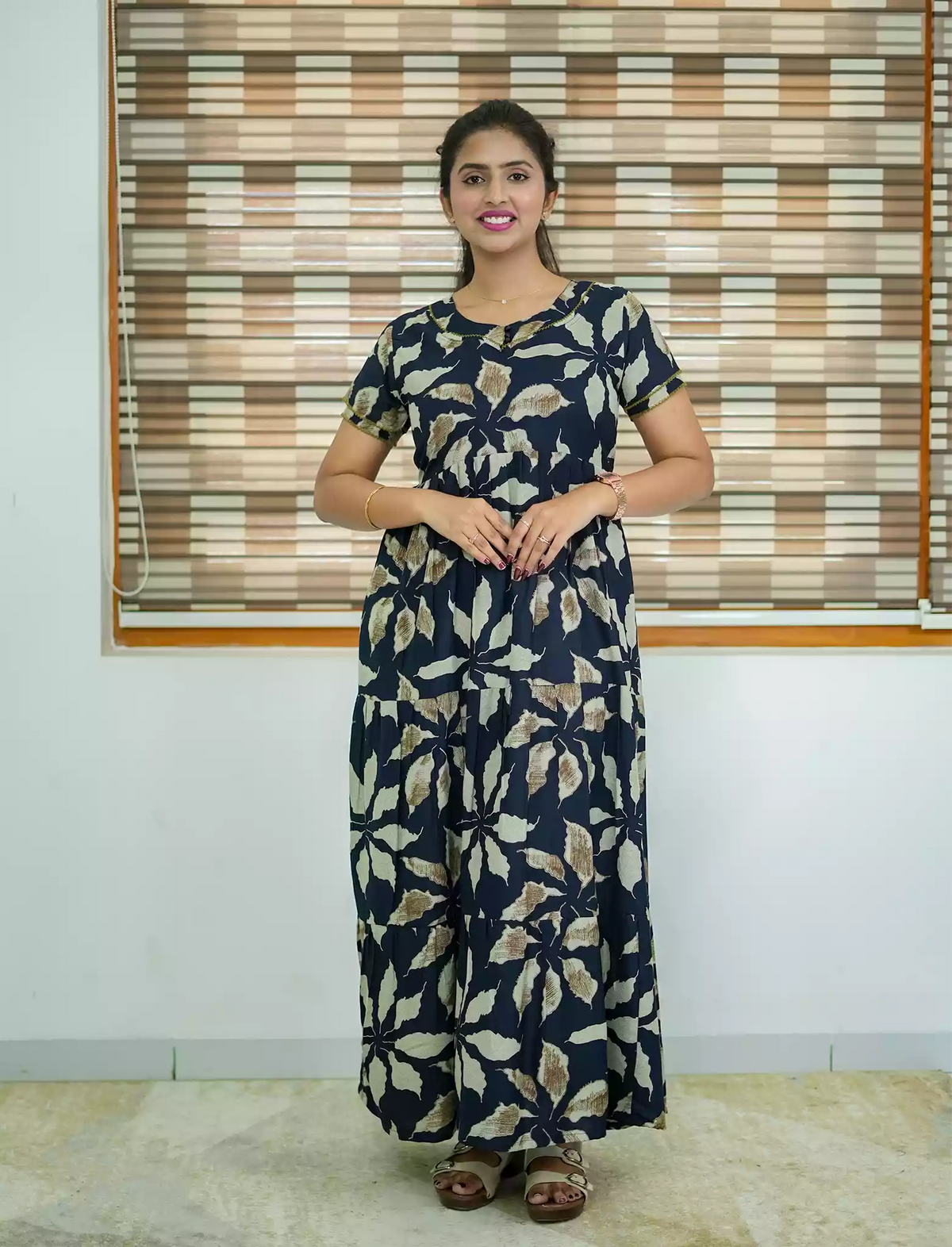 Alpine Tropical Leaf Print 3 Layer Frock with Back Tie - Mangai Nighties