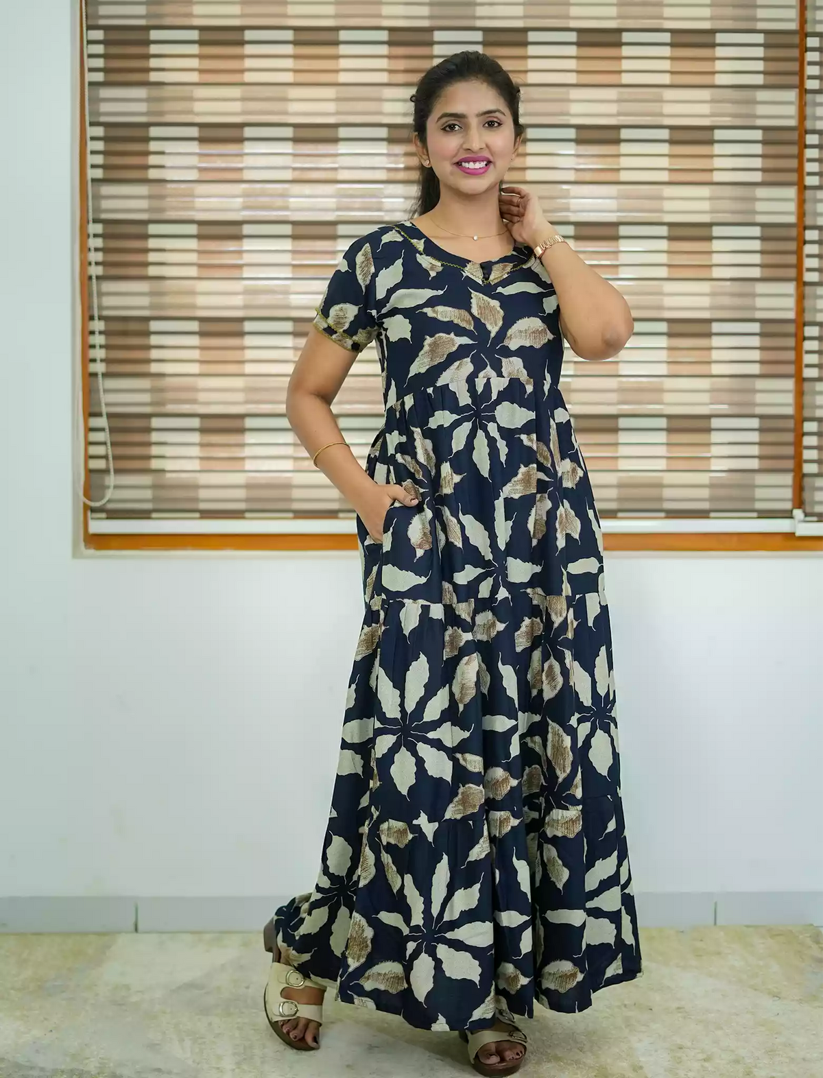 Alpine Tropical Leaf Print 3 Layer Frock with Back Tie - Mangai Nighties