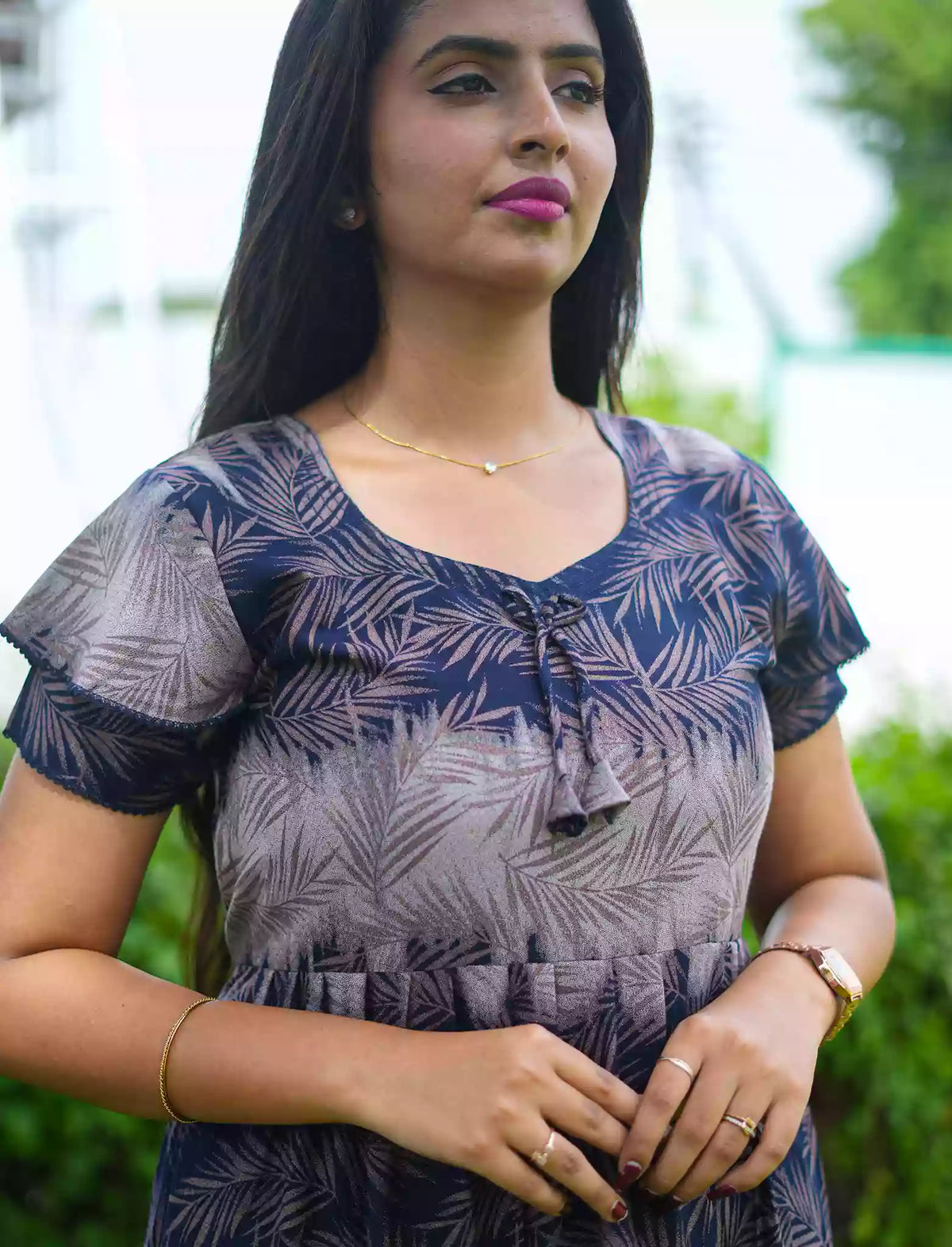 Alpine Leaf Print 3 Layer Frock | Back Tie - Mangai Nighties