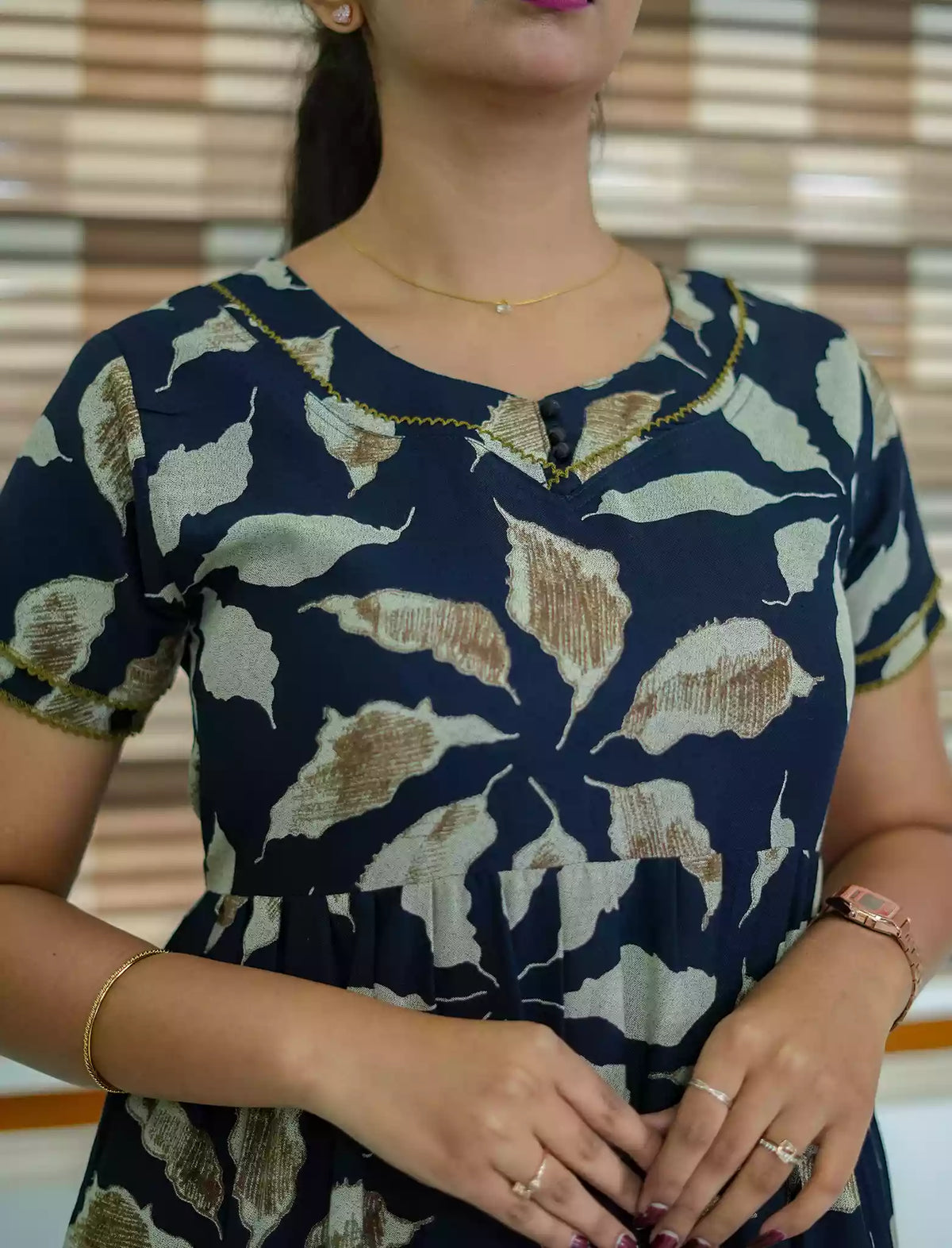Alpine Tropical Leaf Print 3 Layer Frock with Back Tie - Mangai Nighties
