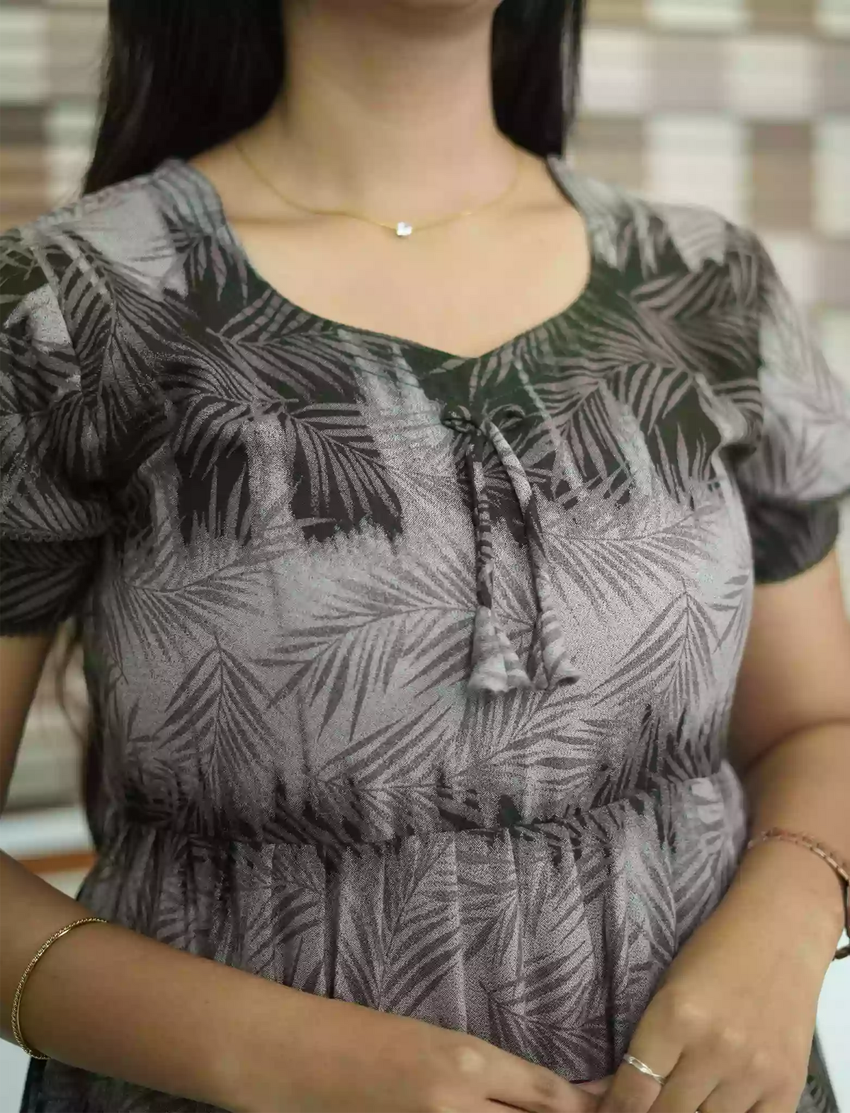 Alpine Leaf Print 3 Layer Frock | Back Tie - Mangai Nighties