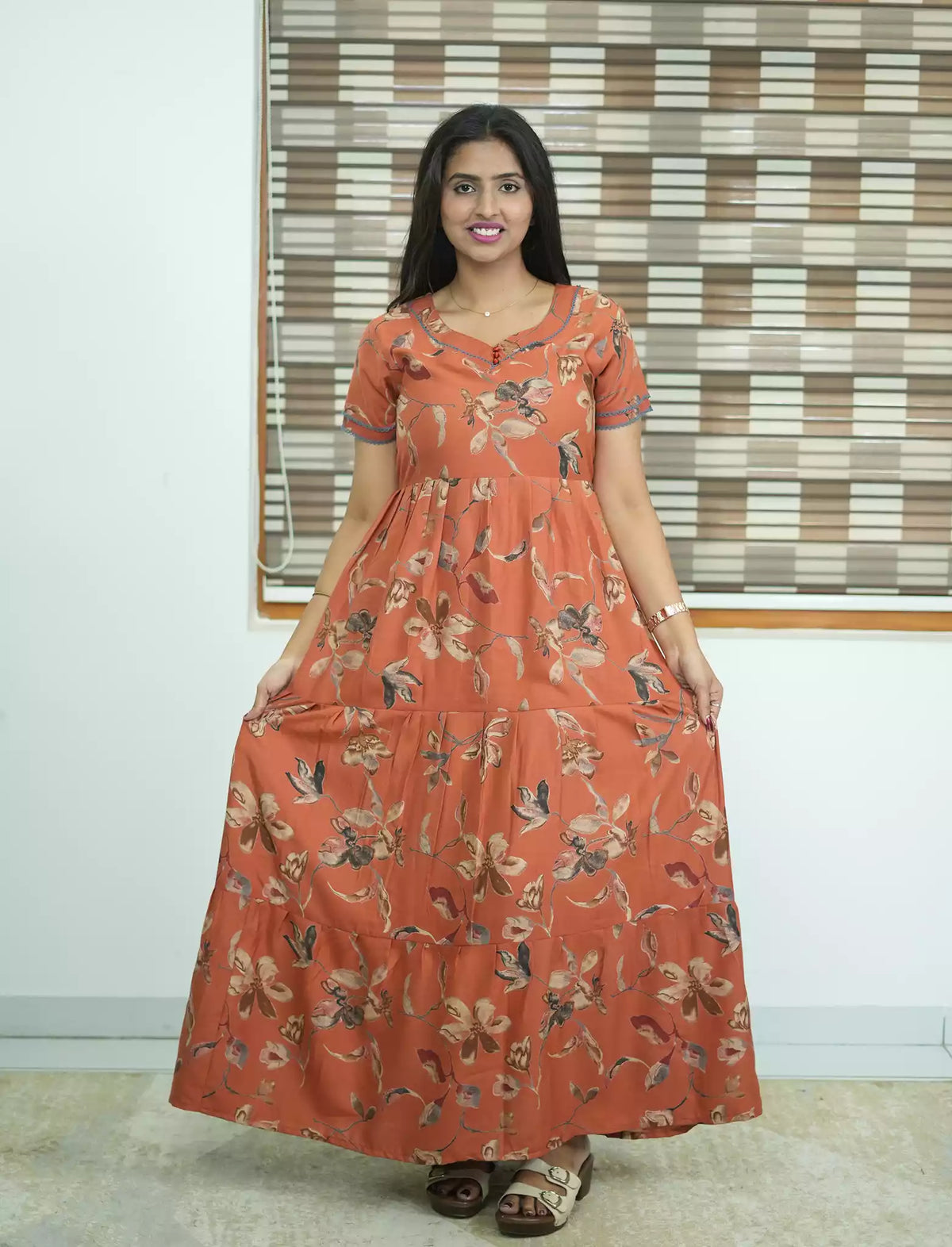 Alpine Floral Print 3 Layer Full Frock with Back Tie - Mangai Nighties