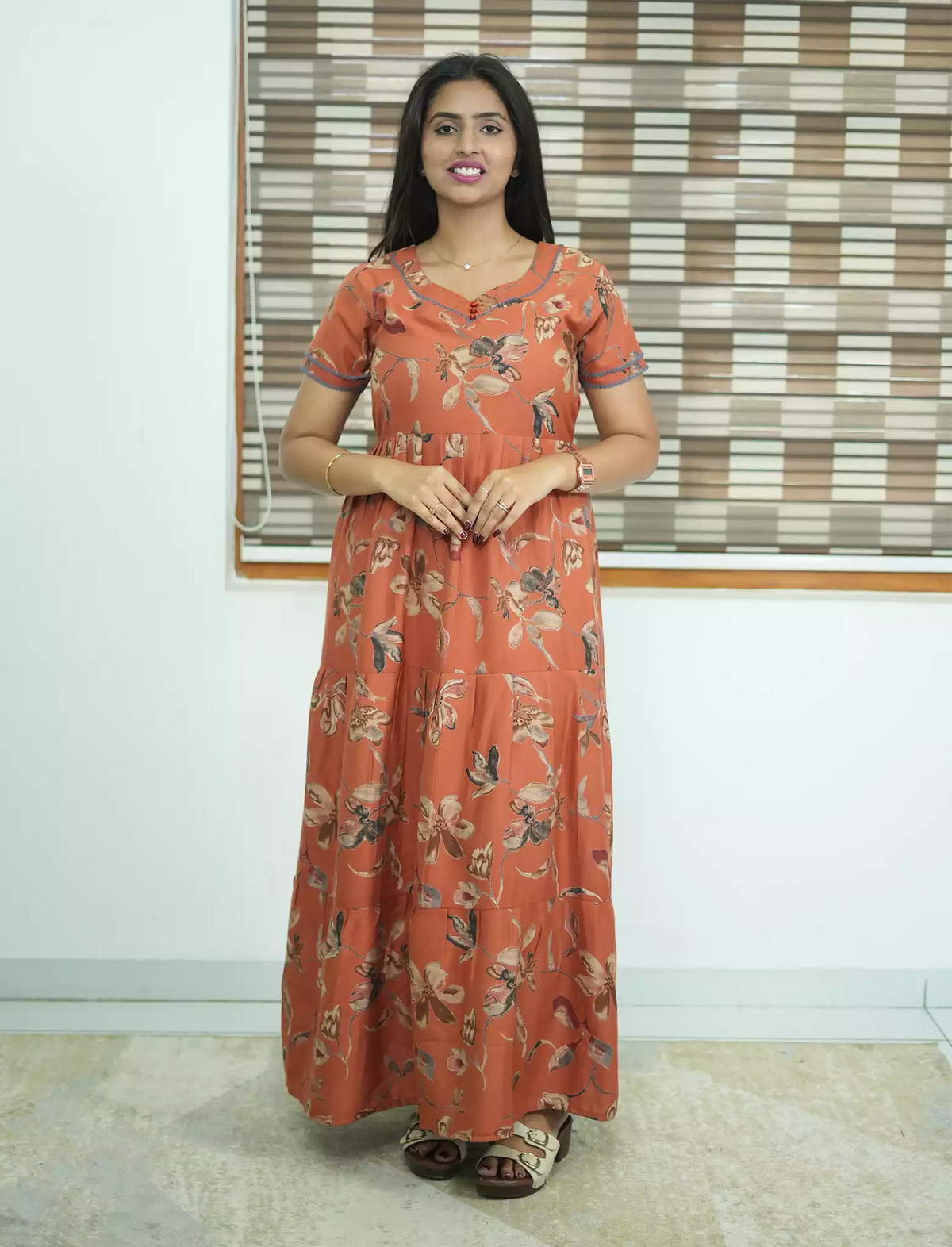 Alpine Floral Print 3 Layer Full Frock with Back Tie - Mangai Nighties