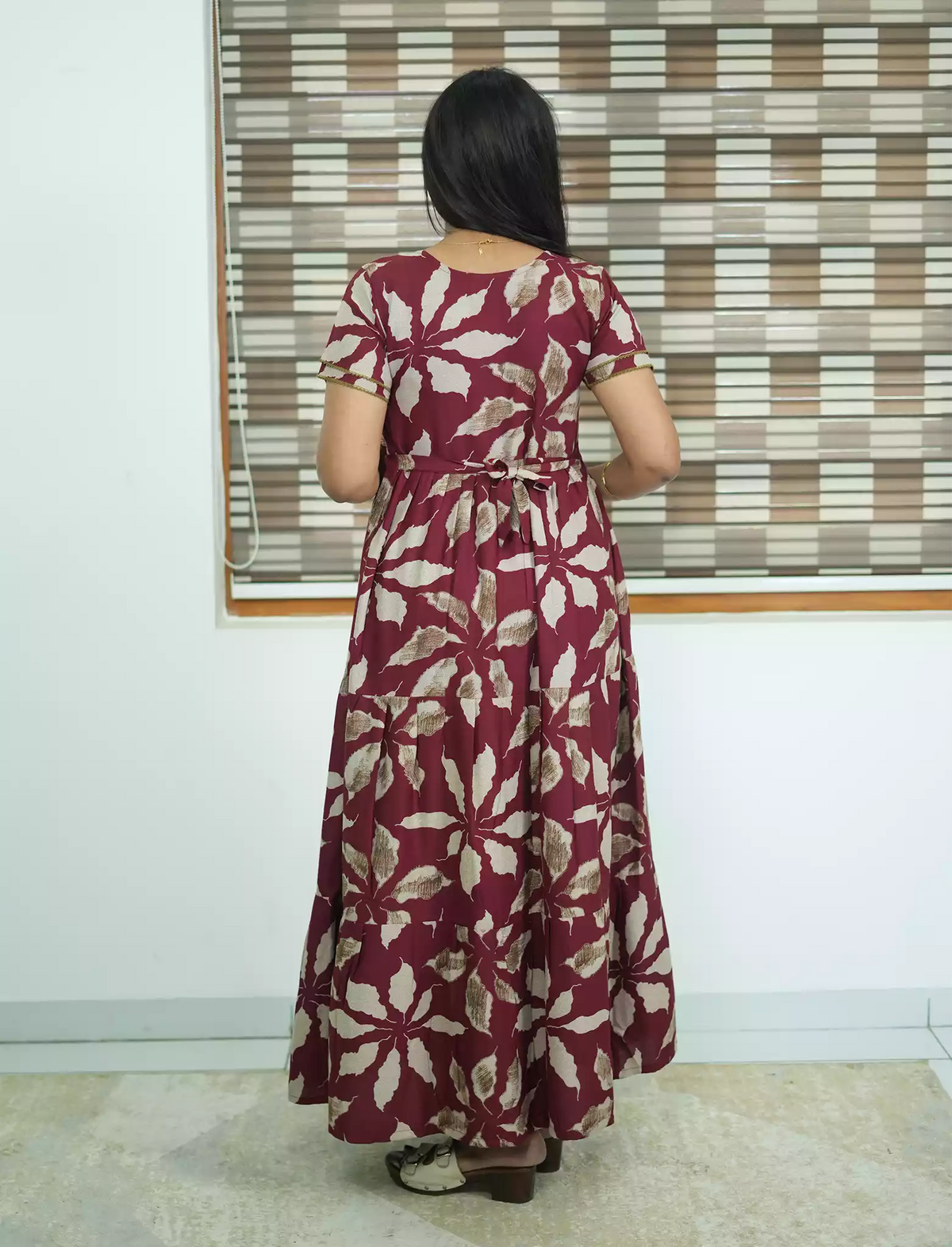 Alpine Tropical Leaf Print 3 Layer Frock with Back Tie - Mangai Nighties