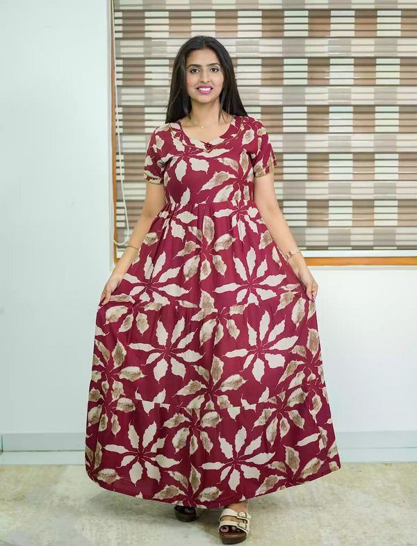Alpine Tropical Leaf Print 3 Layer Frock with Back Tie - Mangai Nighties