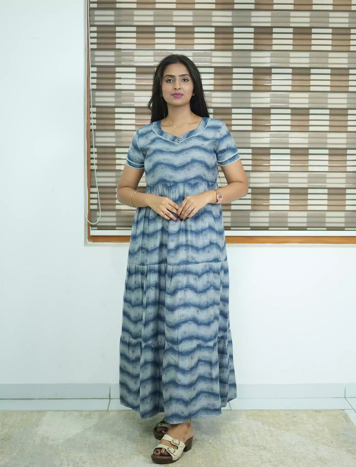 Alpine Wave Print 3 Layer Frock with Back Tie - Mangai Nighties