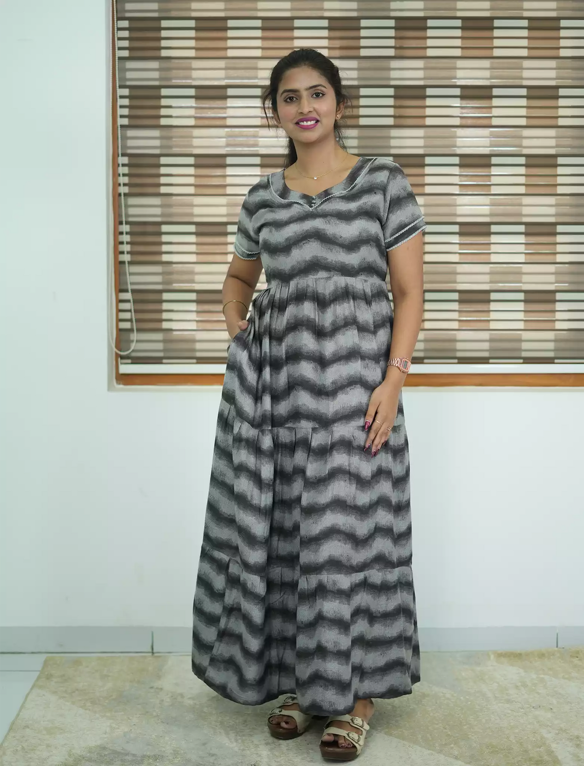 Alpine Wave Print 3 Layer Frock with Back Tie - Mangai Nighties