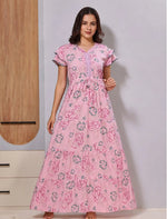Pink Adjustable Waist Gathering Tie up Stylish Frock Women's Nightwear - Mangai Nighties 