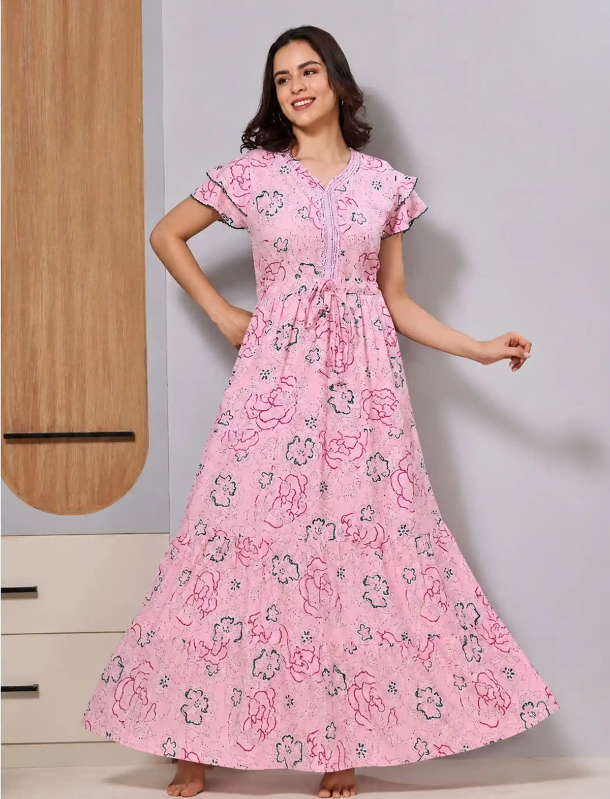 Alpine Stylish double-layer petal sleeves Maxi Flared Frock - Mangai Nighties 