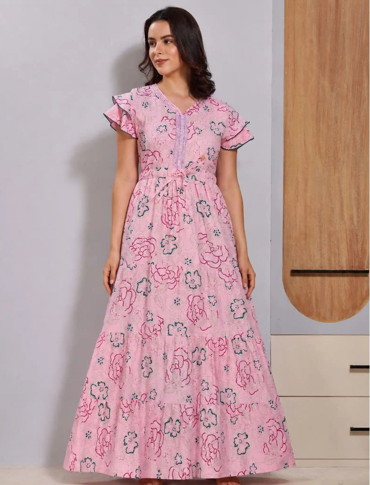 Elegant Alpine floral print design Gathering Zipless Long Frock - Mangai Nighties 