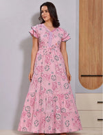 Elegant Alpine floral print design Gathering Zipless Long Frock - Mangai Nighties 