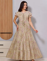 Beige Alpine Floral Gathering Maxi Frock with Layer Flare - Mangai Nighties