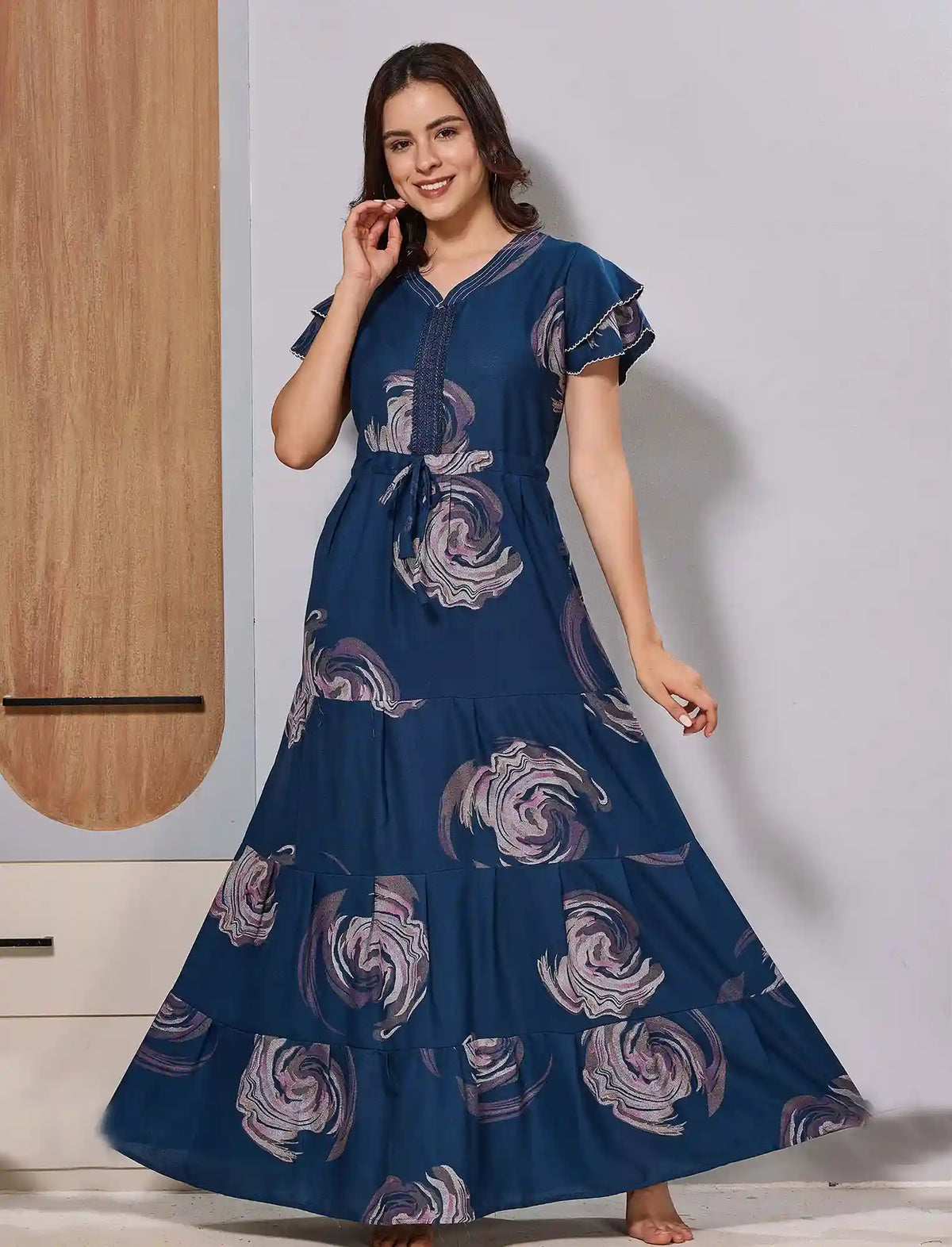Alpine Geometric Blue Gathering Frock Long Flared Night Gown - Mangai Nighties