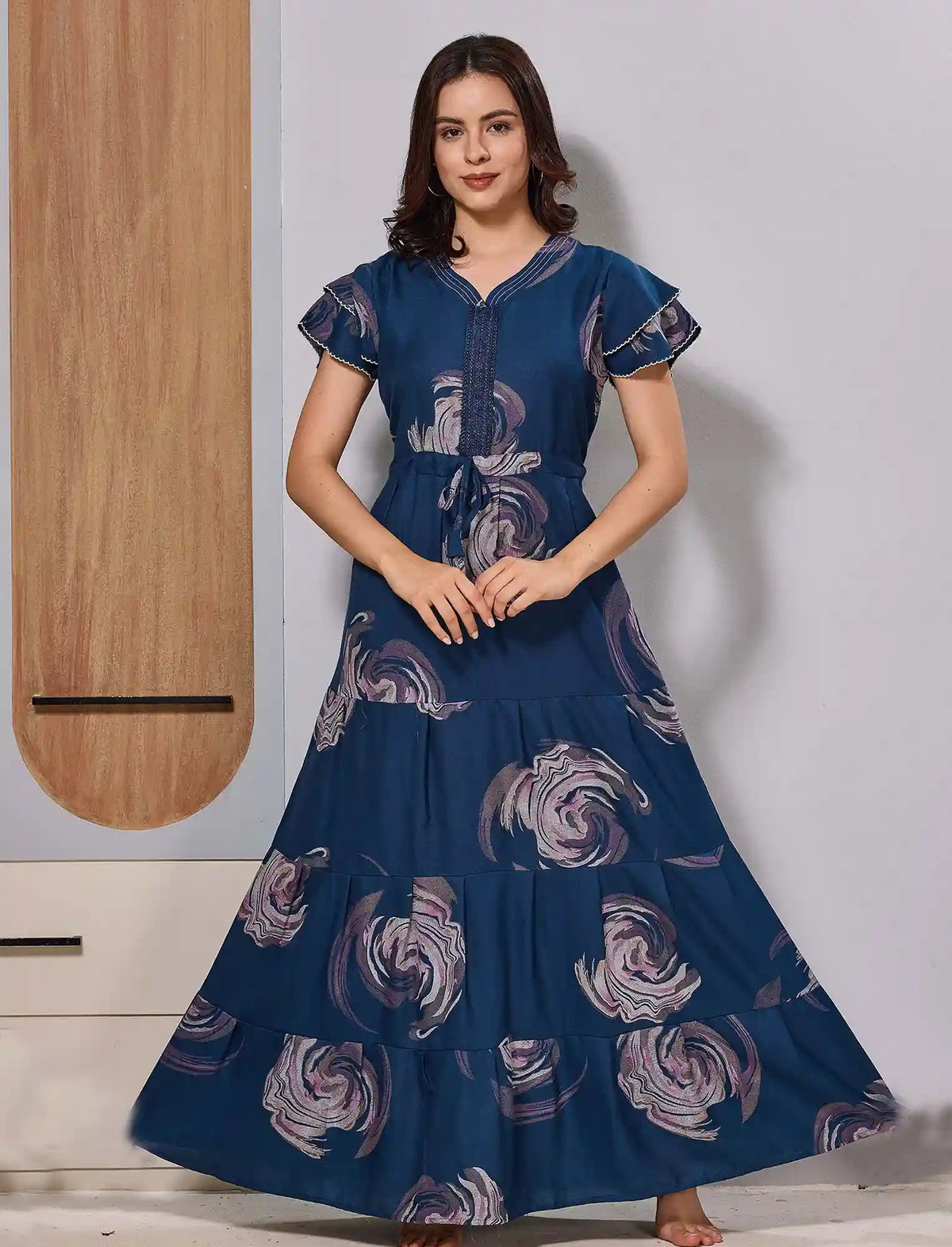 Alpine Blue Full Long Gathering Frock with Back Tie Long gown - Mangai Nighties 