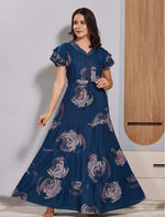 Blue Long Flared Gathering Frock with double layer Sleeve Night Gown - Mangai Nighties 