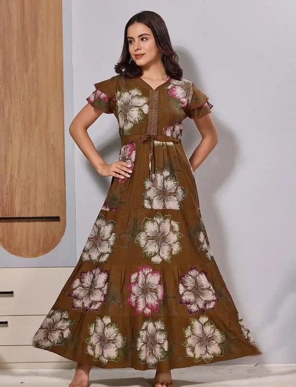 Alpine Gathering Long Frock with Double Layer Sleeve Flared Maxi - Mangai Nighties 