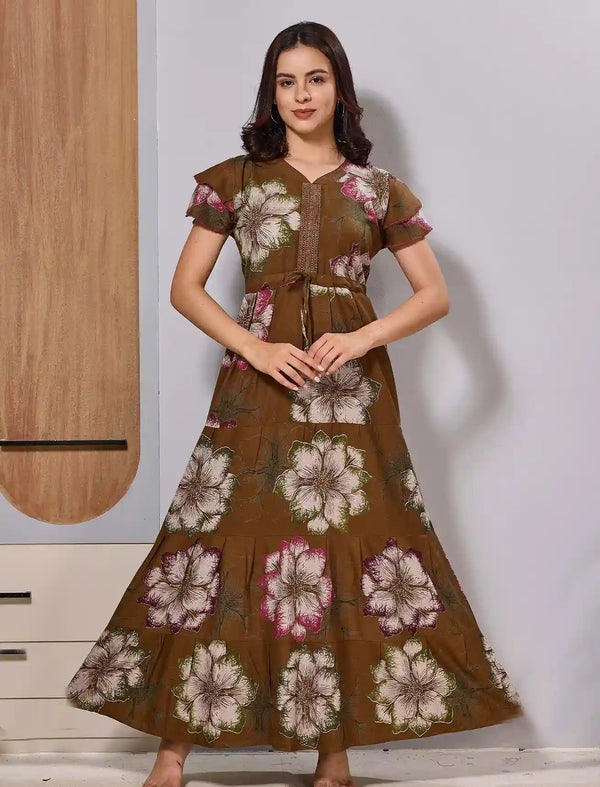 Coffee Brown Long Gathering Frock with Tie up rope Maxi - Mangai Nighties 