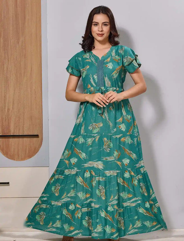 Green Contemporary Floral Print Maxi With Double Layer Sleeve - Mangai Nighties 