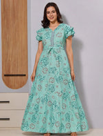 Trendy Floral Long Frock with Front Adjustable Gathering Rope - Mangai Nighties 