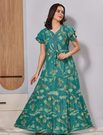 Green Alpine Gathering Tie up Layered Frock for Women Fancy Nightwear - Mangai Nighties 
