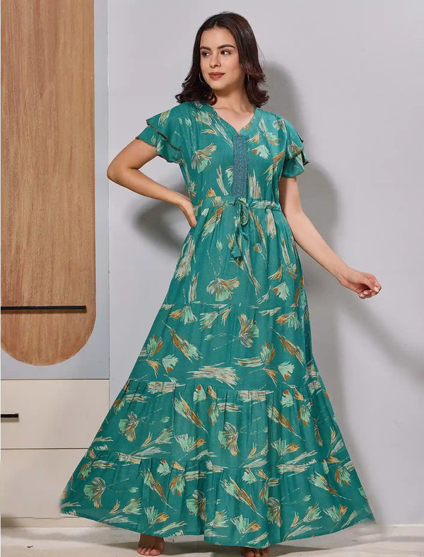 Alpine Gathering Flared Frock Floral Silhouette Print Maxi - Mangai Nighties 