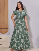 Alpine Green Floral Front Tie Gathering Flared Frock with Double Layer Sleeve's - Mangai Nighties 