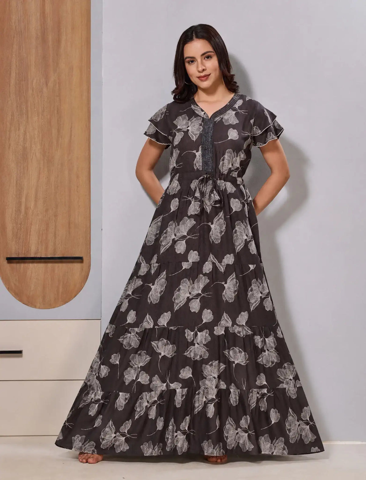 Grey Alpine Gathering Frock with Floral Print stylish zipless gown - Mangai Nighties 