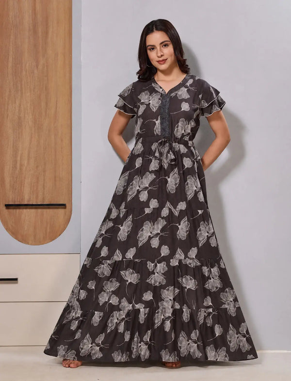 Grey Alpine Gathering Frock with Floral Print stylish zipless gown - Mangai Nighties 
