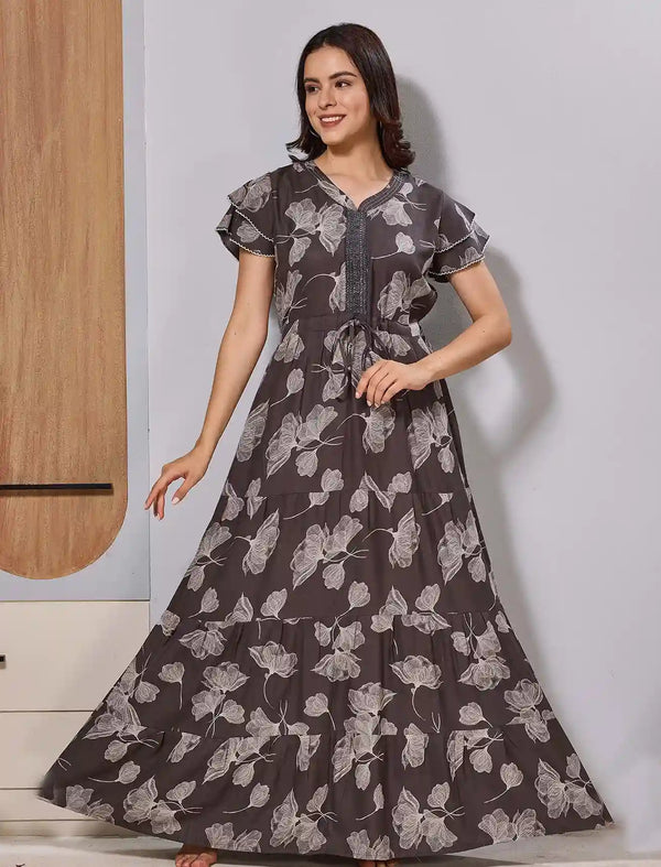 Floral Grey Front Adjustable Gathering rope for a customized fit Maxi - Mangai Nighties 