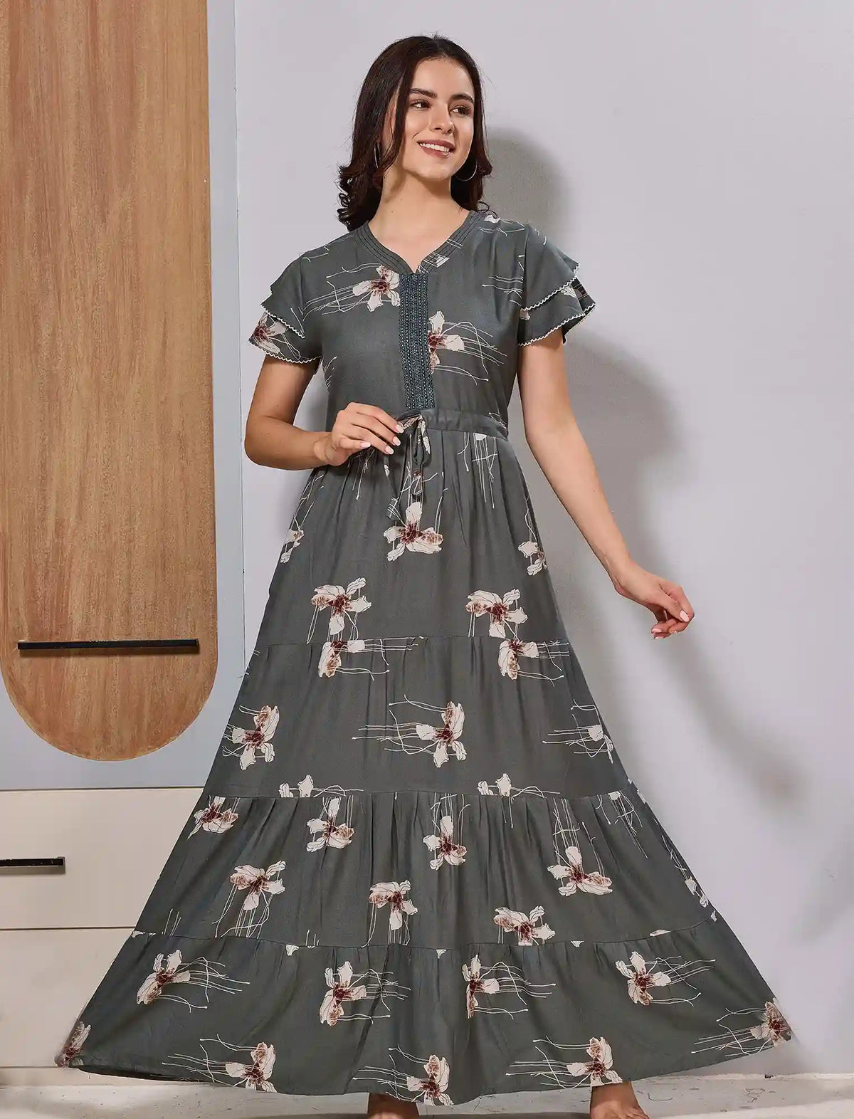 Alpine Front Tie Gathering Frock with Side Pocket Long gown - Mangai Nighties 