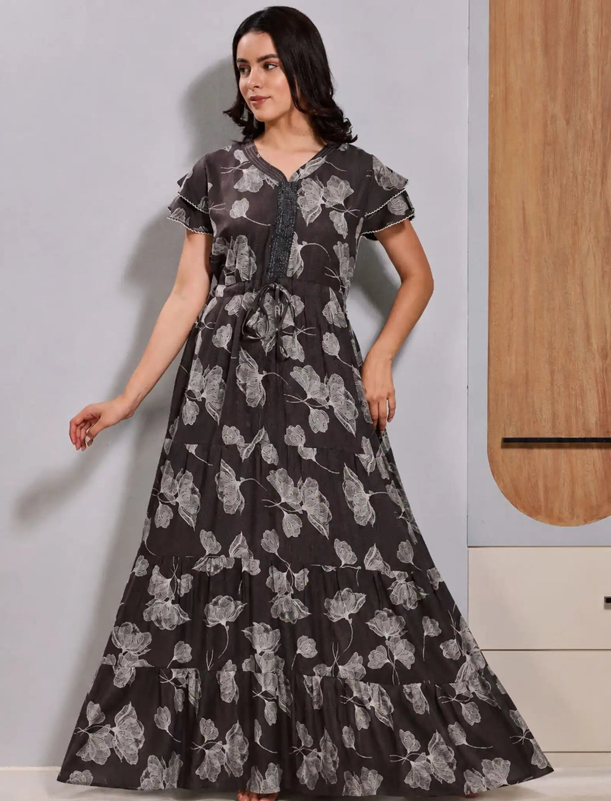 Alpine V-neckline with decorative front panel with Side Pocket - Mangai Nighties 