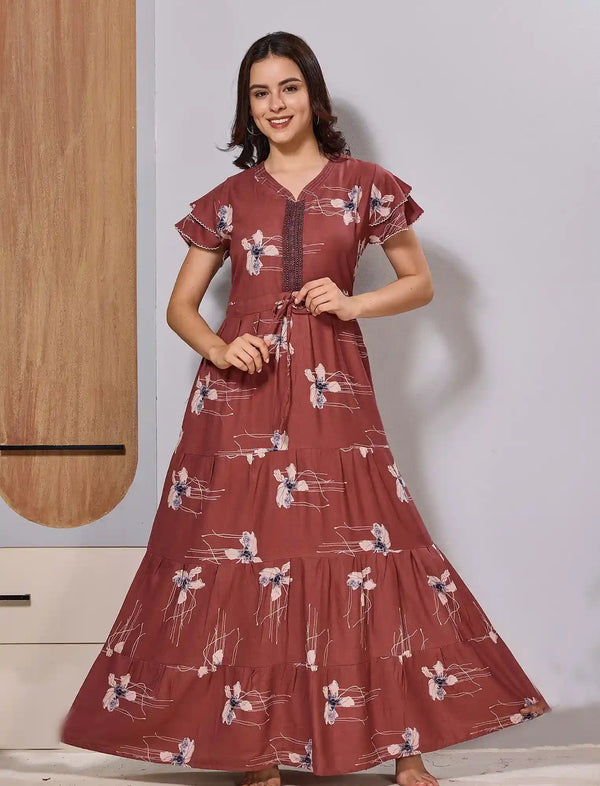 Alpine Floral Print Front Tie Gathering Frock with Layer Flared Frock - Mangai Nighties 