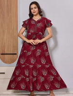 Maroon Alpine Front Tie up Gathering Frock with Patch Zipless Maxi - Mangai Nighties 