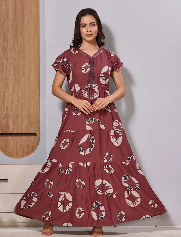 Maroon Front tie Gathering Frock with Double Layer Petal Sleeve's - Mangai Nighties 