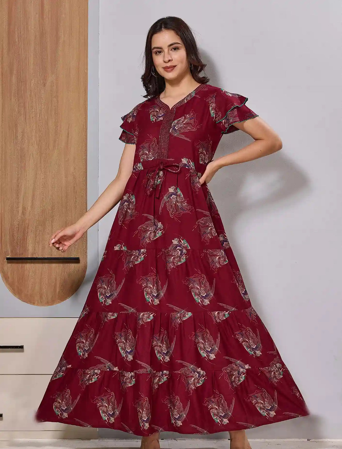 Alpine Gathering Frock Double Layer Sleeves with Side Pocket - Mangai Nighties 