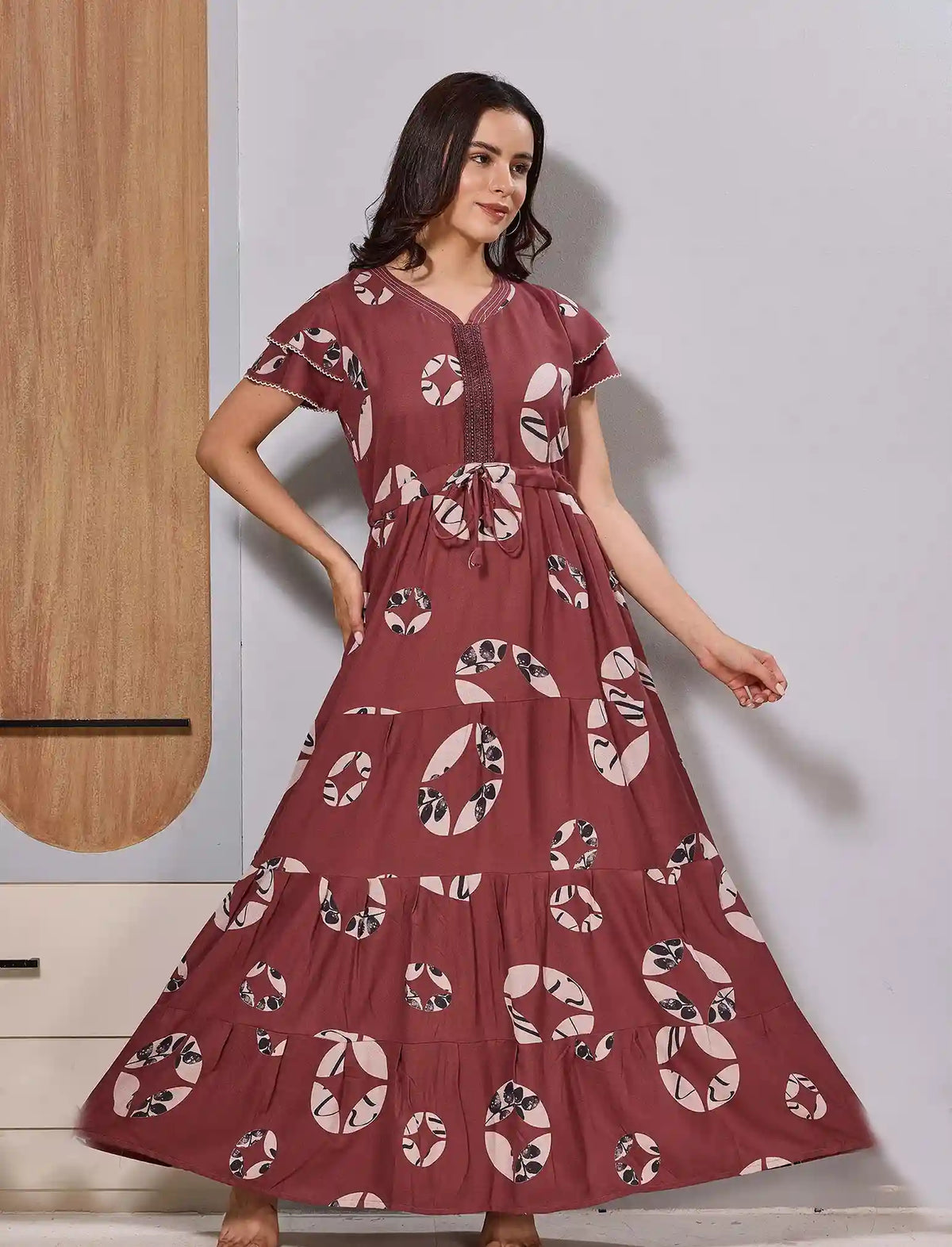 Alpine Round Patch Neck Flared Long Frock with Side Pocket - Mangai Nighties 