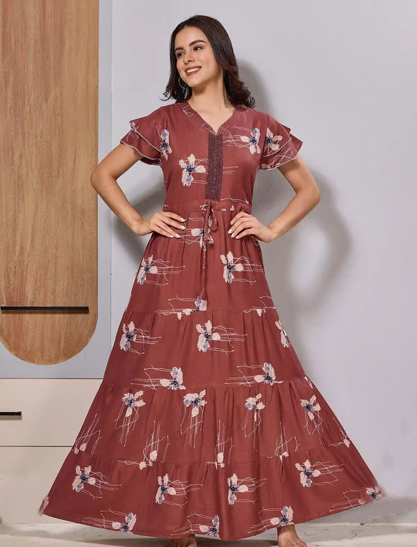 Maroon Double Layered Patch Neck Flared Full Night Gown - Mangai Nighties 