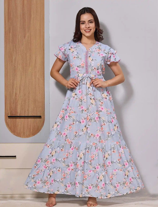 Pastel Blue Floral print Full Long Gathering frock - Mangai Nighties 