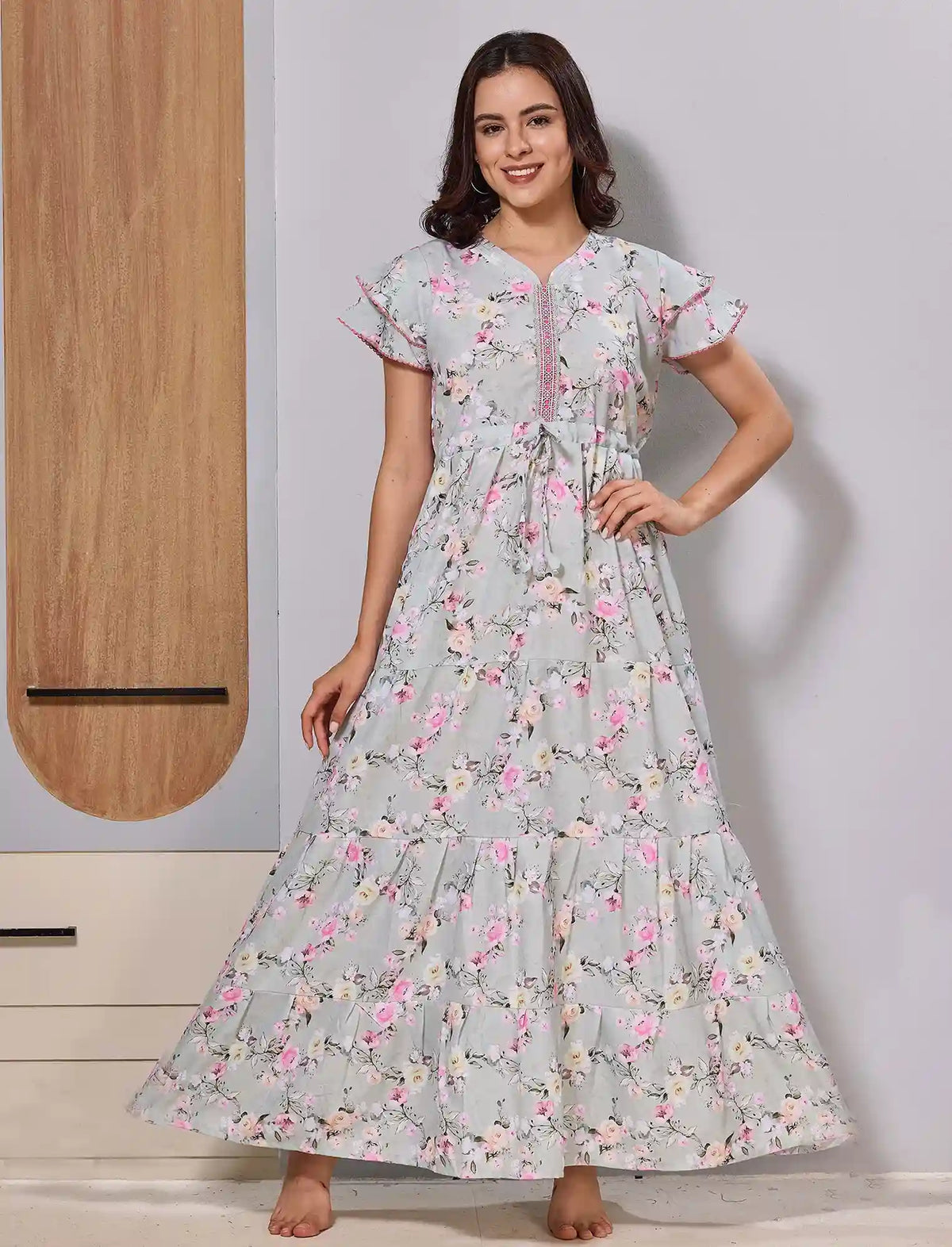 Alpine Patch work Neck with Front Tie Gathering Rope Full Frock - Mangai Nighties 
