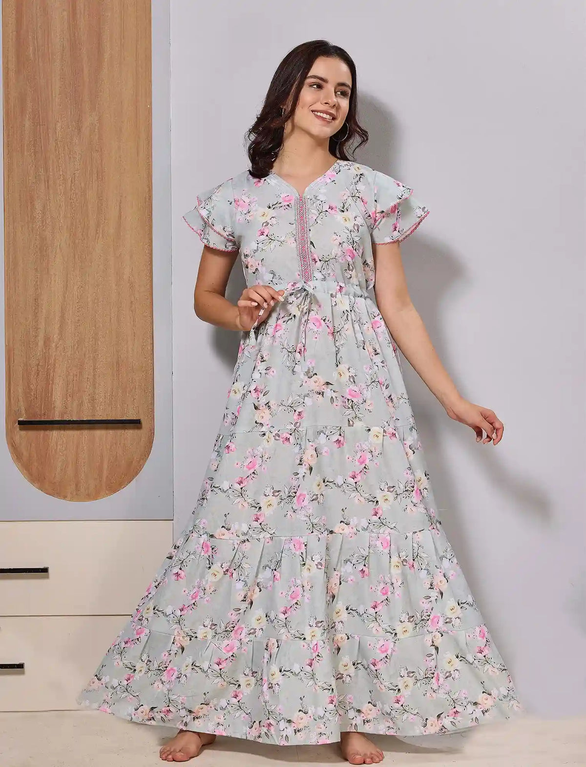 Mist Grey Floral Printed 3 Layer Long Full Frock for Women - Mangai Nighties