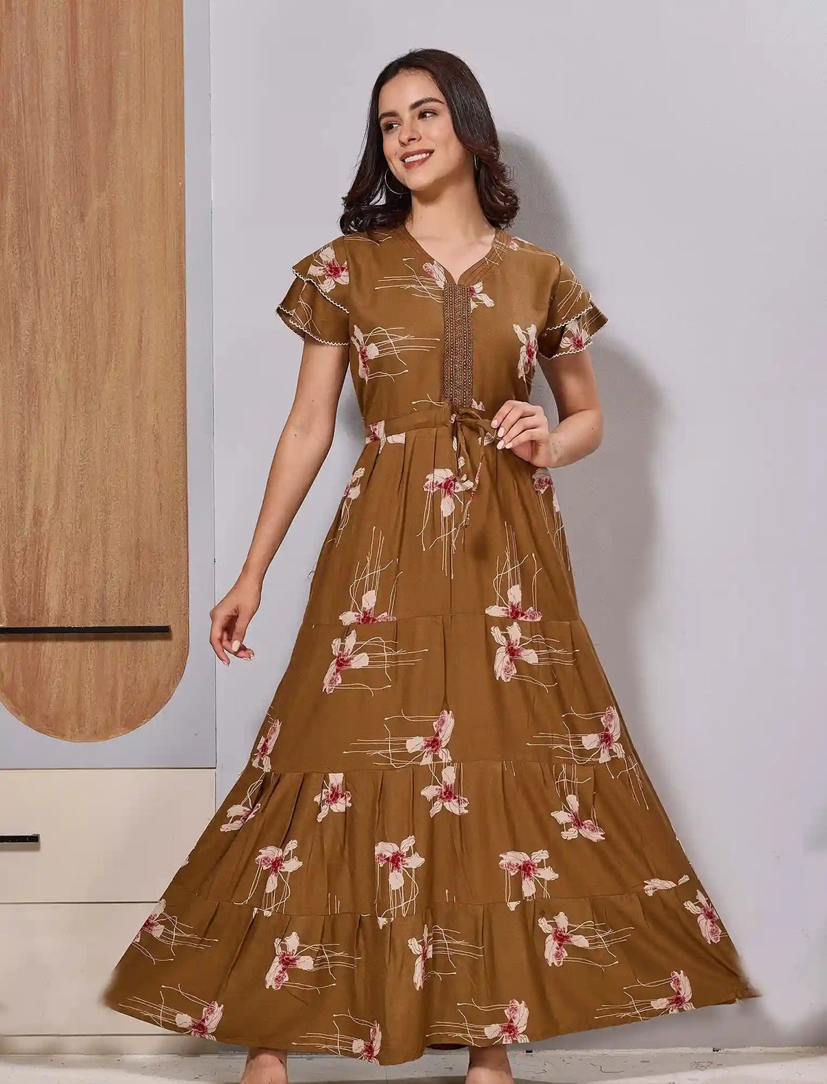 Alpine Front Tie Gathering Rope Long Flared Gown with Side Pocket - Mangai Nighties 