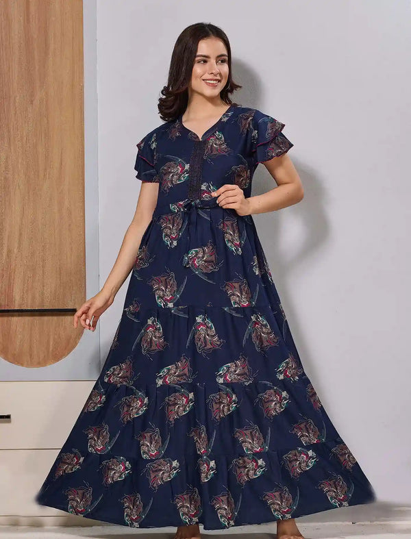 Alpine Flared Gathering Frock Front Tie Rope with Zipless Maxi - Mangai Nighties 