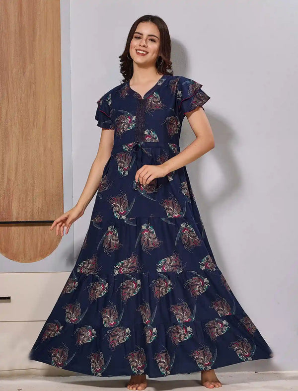 Navy Alpine Gathering Long Frock with 3 Layer Flared Maxi Frock - Mangai Nighties 
