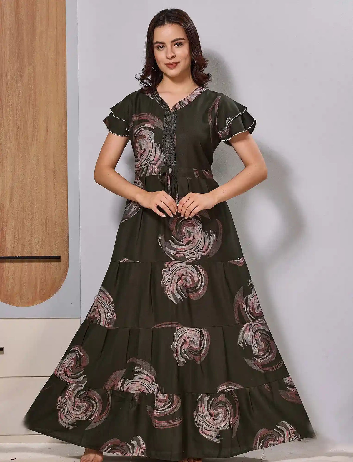 Olive Green Printed Full Long Frock with Front Tie Rope for Women - Mangai Nighties 