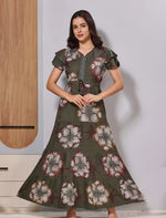 Sage Green Charming Floral Print Gathering Frock with Side Pocket - Mangai Nighties 