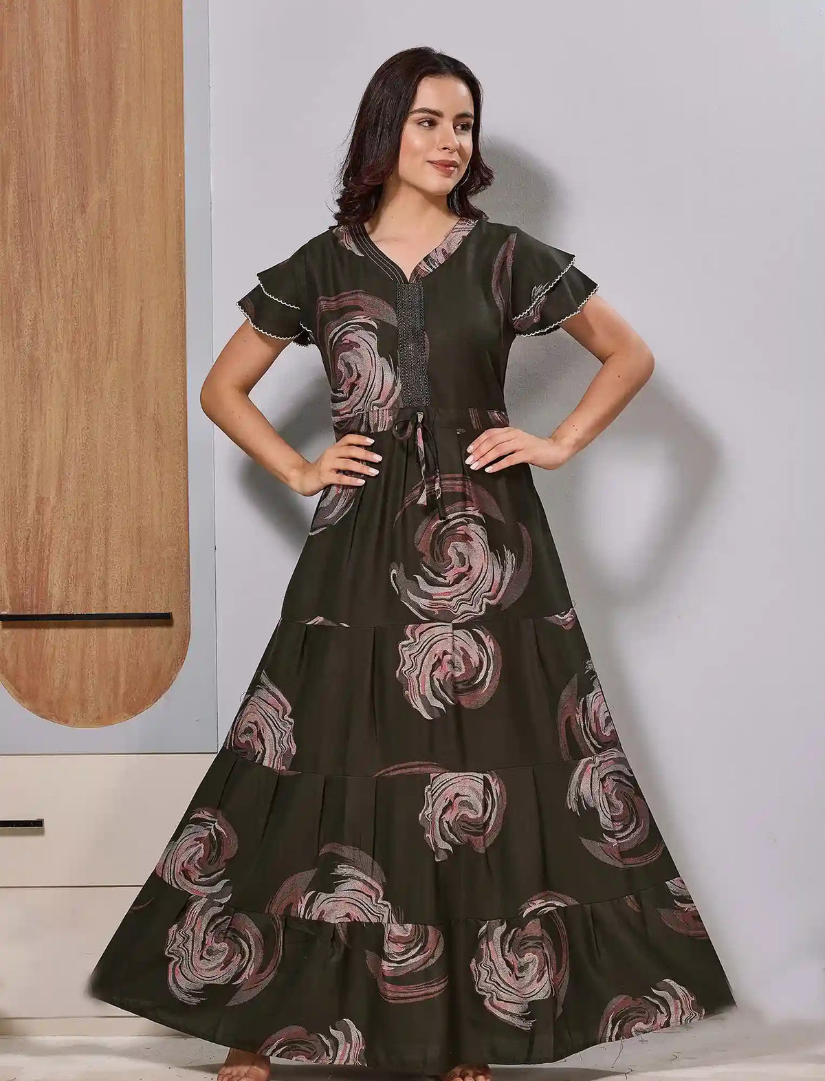 Alpine Olive Green Long Frock with Back Tie rope Night Wear - Mangai Nighties 