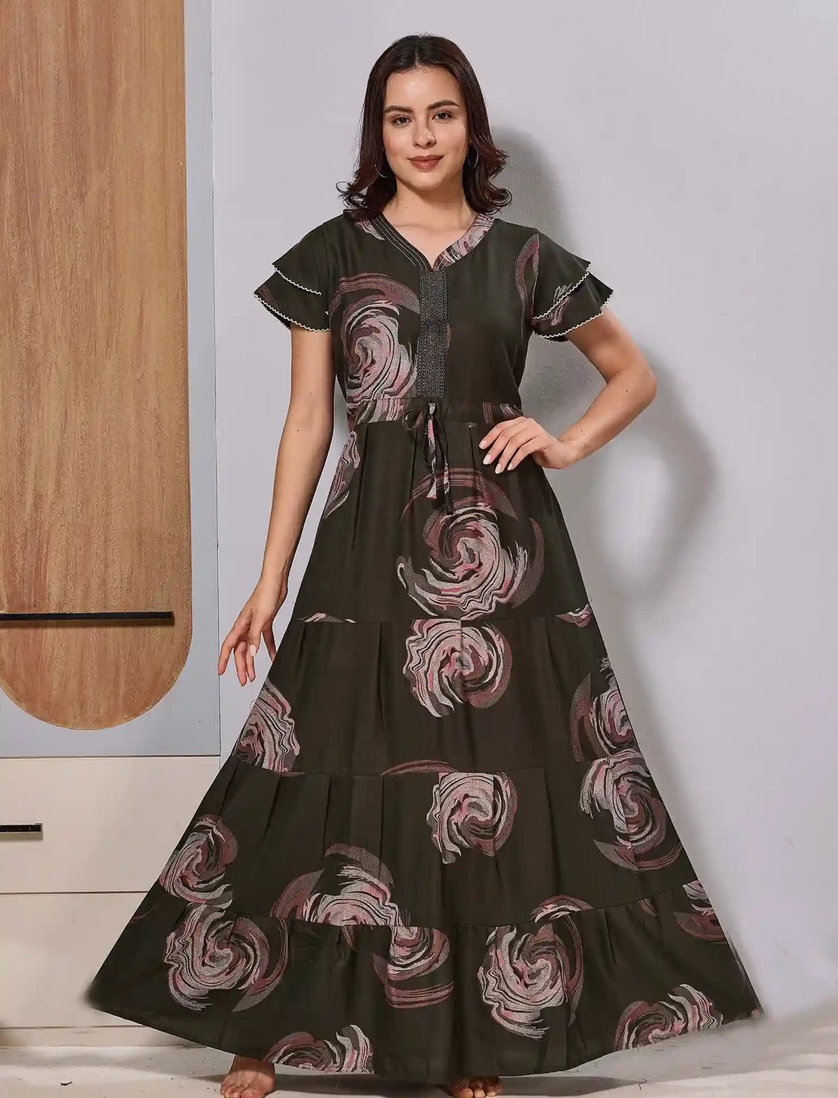 Alpine Double Layer sleeve Gathering Long Frock - Mangai Nighties 