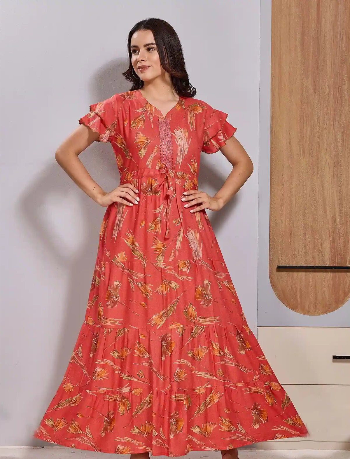 Orange 3 Layer Flared Long Frock with Front Tie up Gathering Rope - Mangai Nighties 