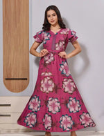 Pink Floral Print Flared Gathering Frock with Front Tie Rope - Mangai Nighties 